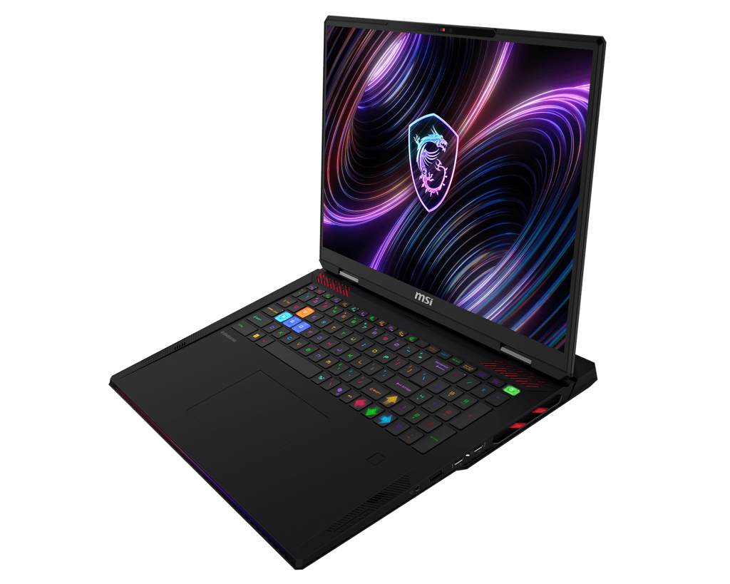 MSI Raider 18 Max HX de trois quarts avec écran mini-LED et clavier rétroéclairé RGB